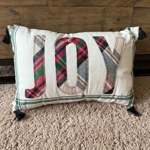 Festive Plaid JOY Pillow with Tassels